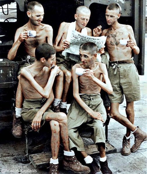 All politicians  should hang their heads in shame , these heroes gave everything for freedom....Australian soldiers after their release from Japanese captivity in Singapore, 1945. Colorized by: Hristos Kaplanis