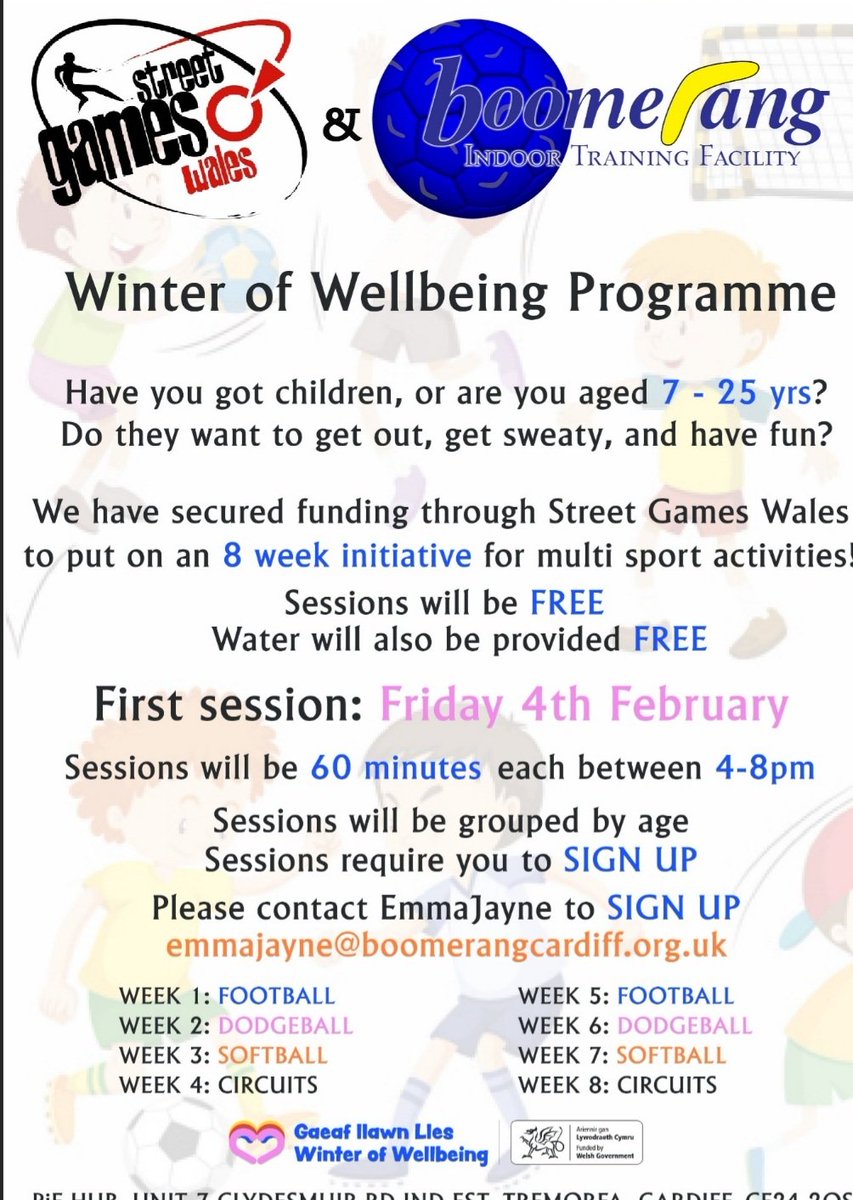 Learning Lounge @WHS (@learnloungewhs) on Twitter photo Winter of Wellbeing Programme
Contact - emmajayne@boomerangcardiff.org.uk
to book your place on 8 weeks of free multi activities ⚽️🏃♀️ Winter of Wellbeing Programme
Contact - emmajayne@boomerangcardiff.org.uk
to book your place on 8 weeks of free multi activities ⚽️🏃♀️