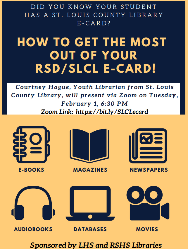 RSHSLibrary's tweet photo. Many of our students are currently working on research papers, so it's a perfect time for parents to learn more about the electronic resources that are available to their children. Falcon parents, please join us on Tuesday, February 1! @RSHSPrincipal @SLCL #RSDlibraries #WhatWeDo https://t.co/UnN4jZFvGN