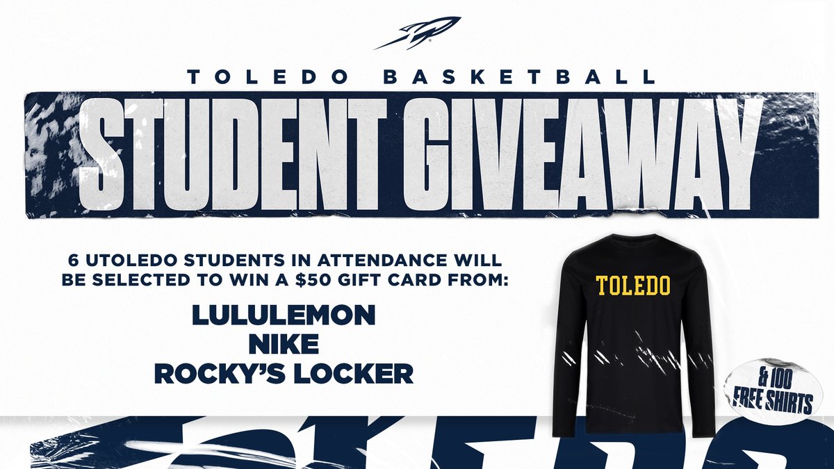 Reasons for <a href="/UToledo/">The University of Toledo</a> students to pack Savage Arena tomorrow:

1⃣ <a href="/toledo_mbb/">Toledo Men's Basketball</a> is first in the MAC
2⃣ Chance to win a $50 Gift Card to Lulu or Nike
3⃣ 100 FREE long sleeve shirts
4⃣ Nationally televised game
5⃣ <a href="/TOLEDOSAE/">Sigma Alpha Epsilon</a> vs. <a href="/ToledoFire/">Toledo Fire & Rescue</a> at half

See you Friday at 7 🚀