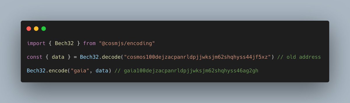 simon_warta's tweet image. Service tweet: to convert your cosmos address to a gaia address you just need 3 lines of #CosmJS code.
