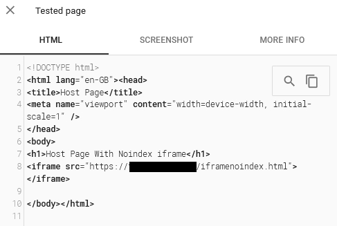 screamingfrog's tweet image. indexifembedded working as expected. G will inline the noindex iframe content in a div on the parent page when it uses indexifembedded. Not a guarantee on indexing content tho. Parent still needs viewport or height set &amp;amp; prev rules still apply -