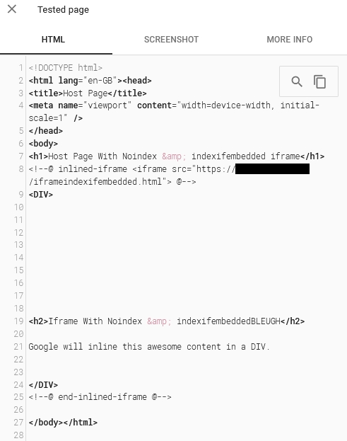 screamingfrog's tweet image. indexifembedded working as expected. G will inline the noindex iframe content in a div on the parent page when it uses indexifembedded. Not a guarantee on indexing content tho. Parent still needs viewport or height set &amp;amp; prev rules still apply -