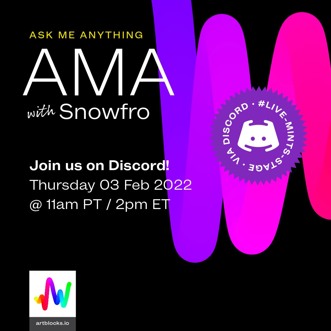 artblocks_io's tweet photo. Do you have a question about Art Blocks that you've always wanted to ask our CEO, @ArtOnBlockchain? Let's get you an answer! 

Submit your question(s) below and join us for an AMA (ask me anything) discussion via Discord on Feb 3rd @ 11am PT/2pm ET:
https://t.co/vRP1Vsb5BI https://t.co/4A07tD2CwM
