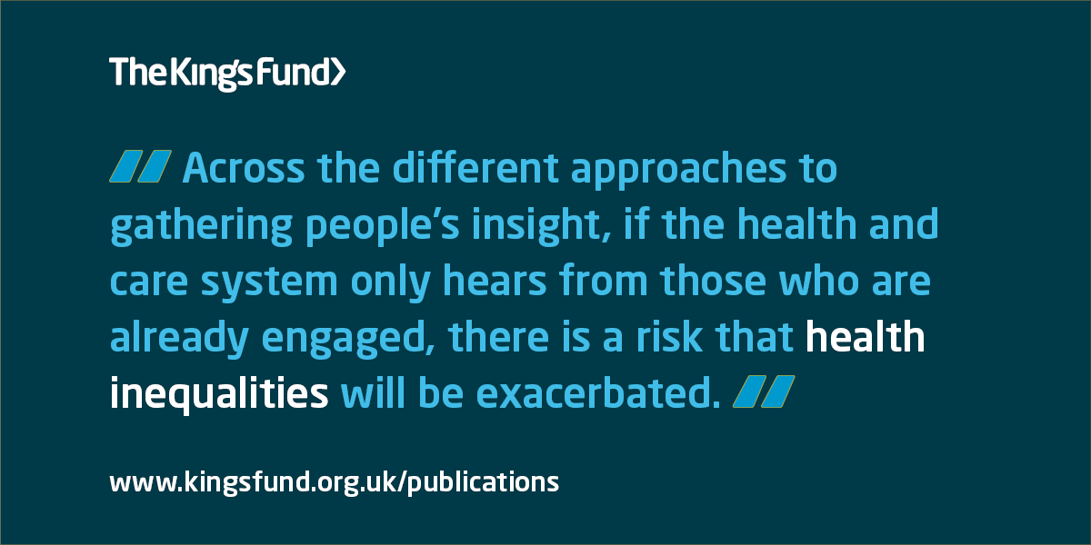 TheKingsFund's tweet photo. Services can address inequalities by hearing from those with poorer health outcomes, learning the context of people’s lives and what their barriers to health are. This explainer looks at how the health and care system can gather this insight: https://t.co/KyWvUPNnpb https://t.co/0bNKMEKcXJ