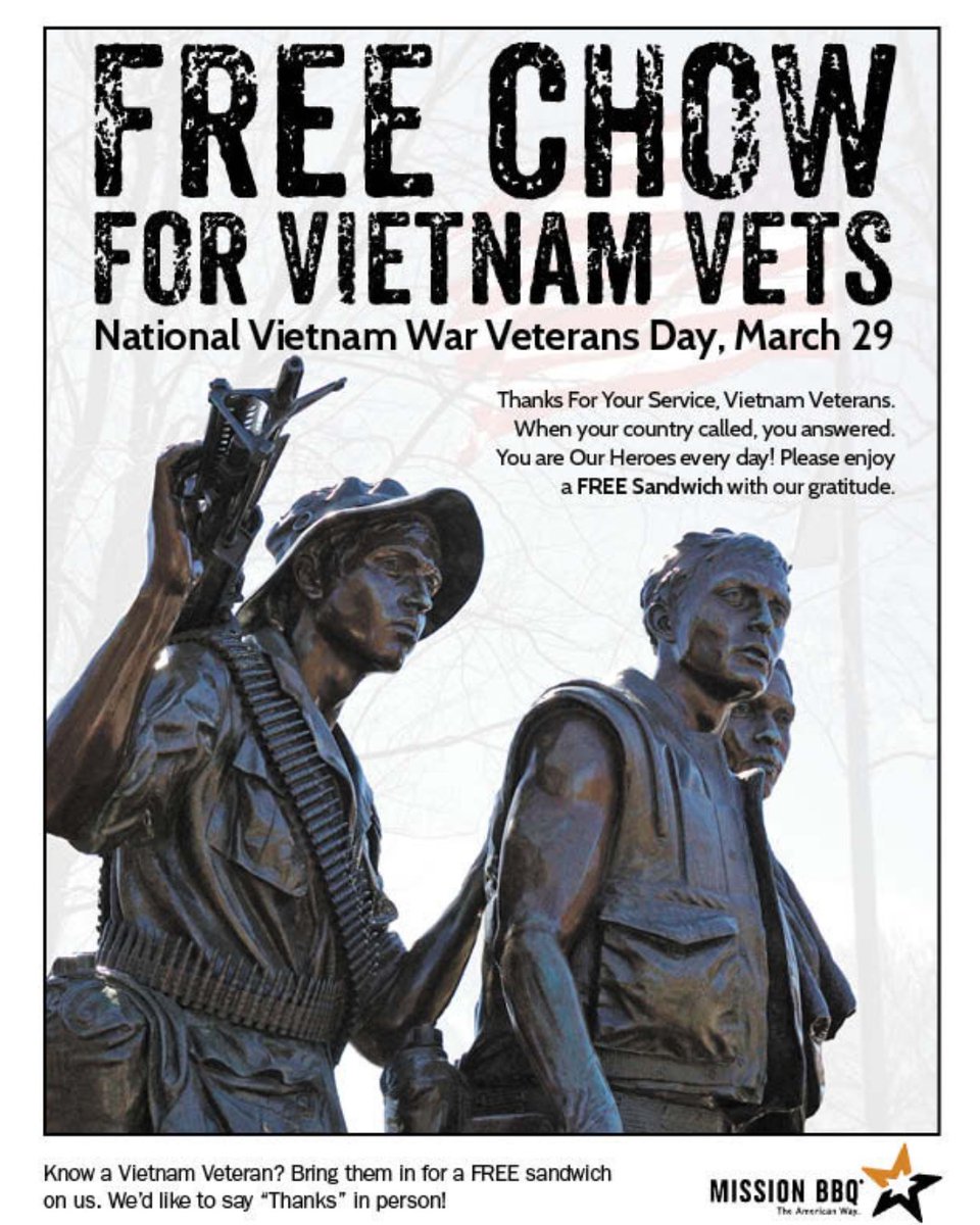 Today <a href="/MissionBBQ/">MISSION BBQ</a> will be honoring Vietnam Veterans with a free sandwich
#Veteran #veterans #veteranshelpingveterans #virginia #BBQ