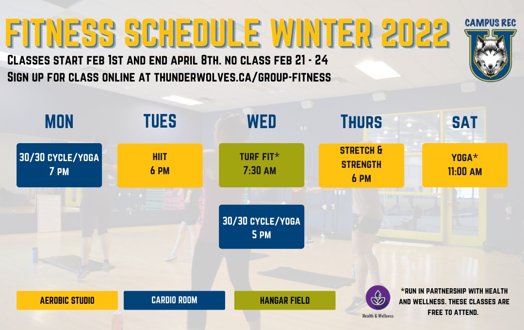 Fitness classes are BACK starting next week on Feb 1st (Please note the Tuesday start!) Registration for classes is currently required - visit thunderwolves.ca/group-fitness for more details!