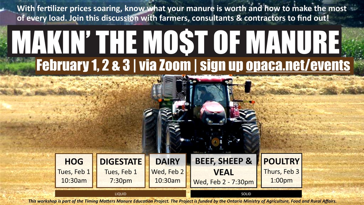 OPACA_net's tweet photo. We're proud to be hosting these manure discussions for #OntAg next week.  Free and online! Sign up at https://t.co/Mfnw3SrNdk. https://t.co/dOSeoXgSN5