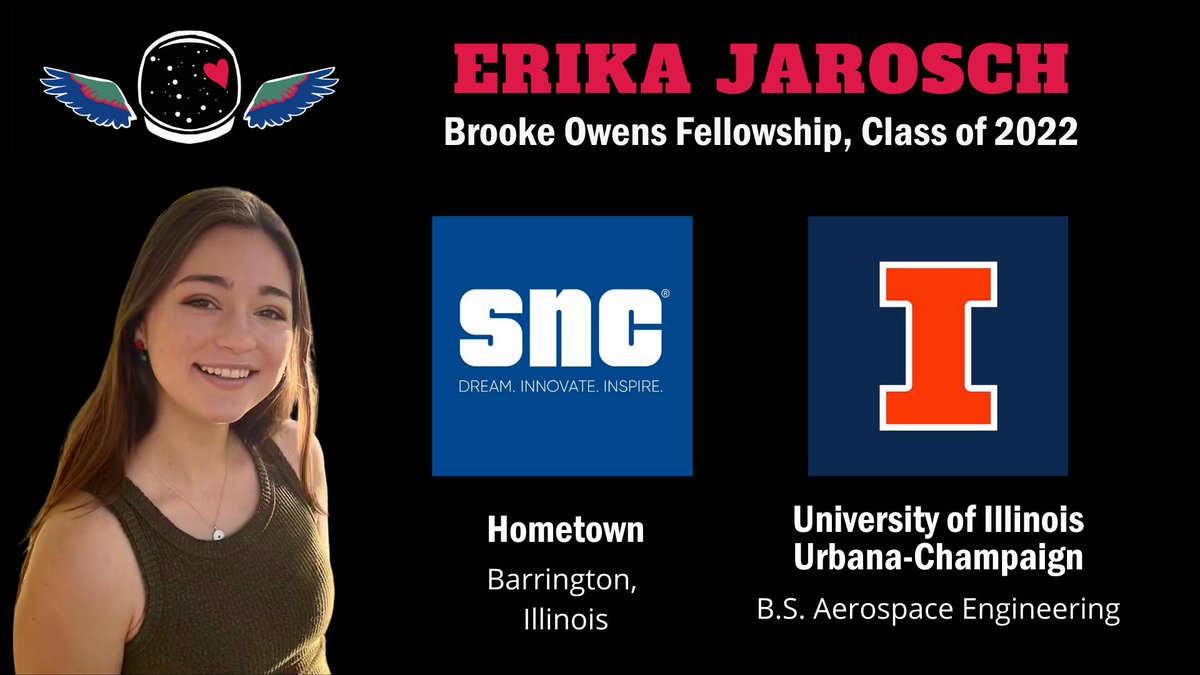 Please welcome Erika Jarosch (<a href="/erika_jarosch/">Erika Jarosch</a>) 🇺🇸 to the <a href="/owensfellowship/">Brooke Owens Fellows</a> Class of 2022!
Jarosch is a Senior studying Aerospace Engineering at <a href="/UofIllinois/">University of Illinois</a> and will work at <a href="/SierraNevCorp/">Sierra Nevada Corporation</a> this summer.