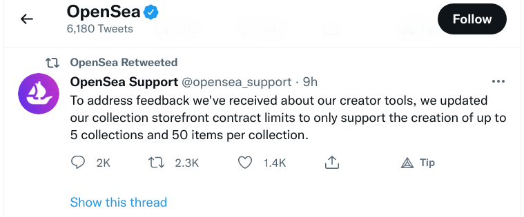 ArtvisionNFT's tweet photo. Hey @nftfreaks, not sure if this fits for your Tweetville collection, but this RT by @opensea definitely should be remembered. 😉 https://t.co/VJDgOBJpz2