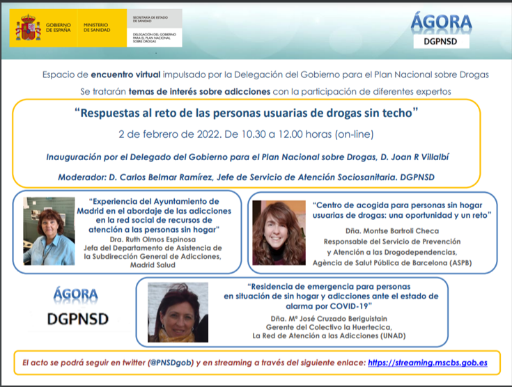 La <a href="/PNSDgob/">Plan Nacional Sobre Drogas</a>  organiza una nueva edición del "Ciclo de Encuentros ÁGORA" de las adicciones. El objetivo es crear un espacio de encuentro virtual entre profesionales interesados  2⃣/2⃣ 
Se podrá seguir en Twitter (<a href="/PNSDgob/">Plan Nacional Sobre Drogas</a>) y a través del siguiente enlace: streaming.mscbs.gob.es