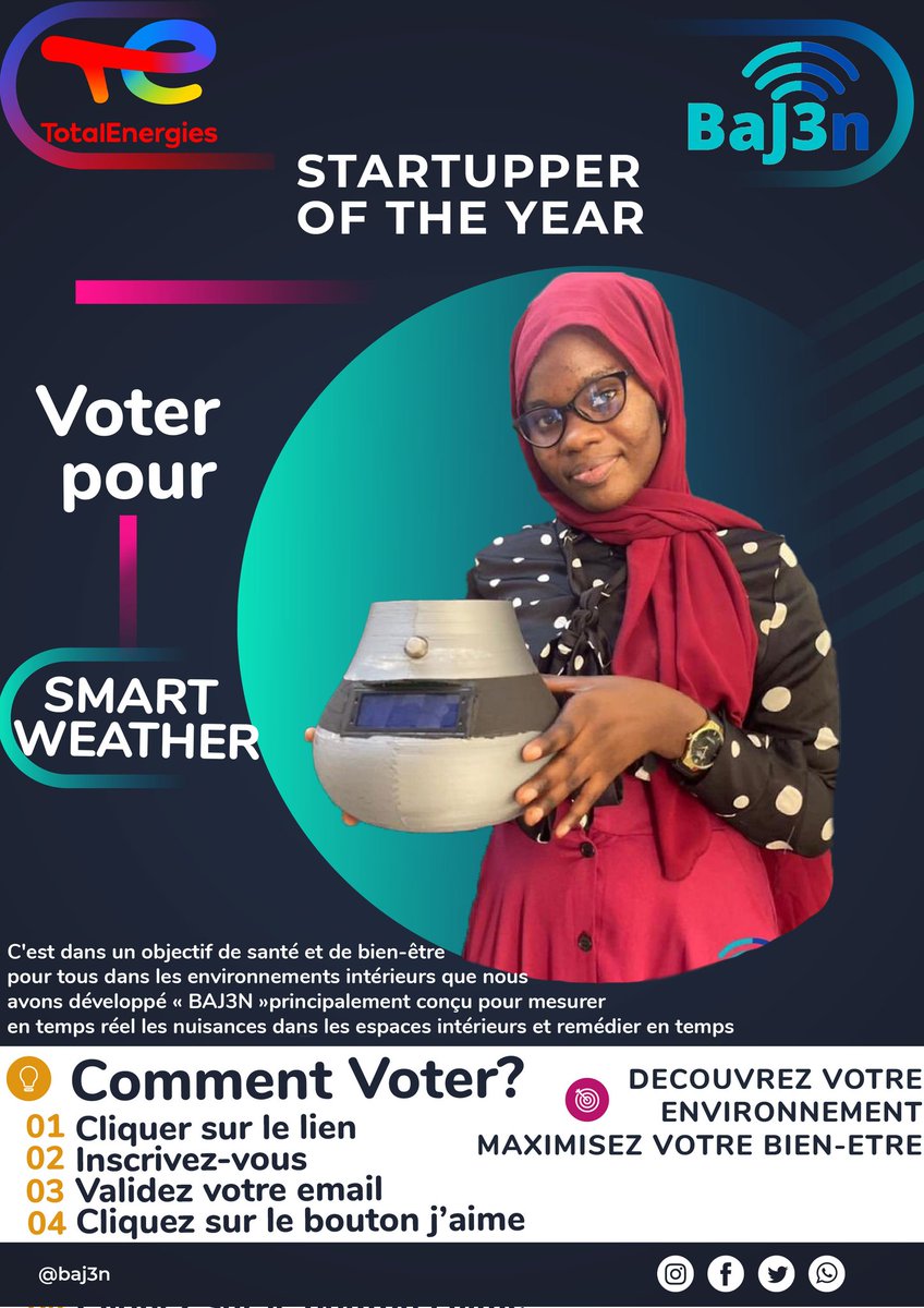 Smartweather3's tweet image. Salam, nous avons le plaisir de vous annoncer que notre startup a été sélectionné parmi les meilleurs projets de l’année au challenge de TotalEnergie, Startup of the year.