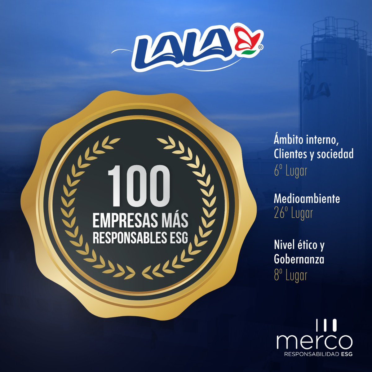 Nuevamente somos reconocidos por <a href="/mercoranking/">Merco</a> como una de las 100 empresas mas responsables ESG.  👏🏼👏🏼 #OrgulloLala