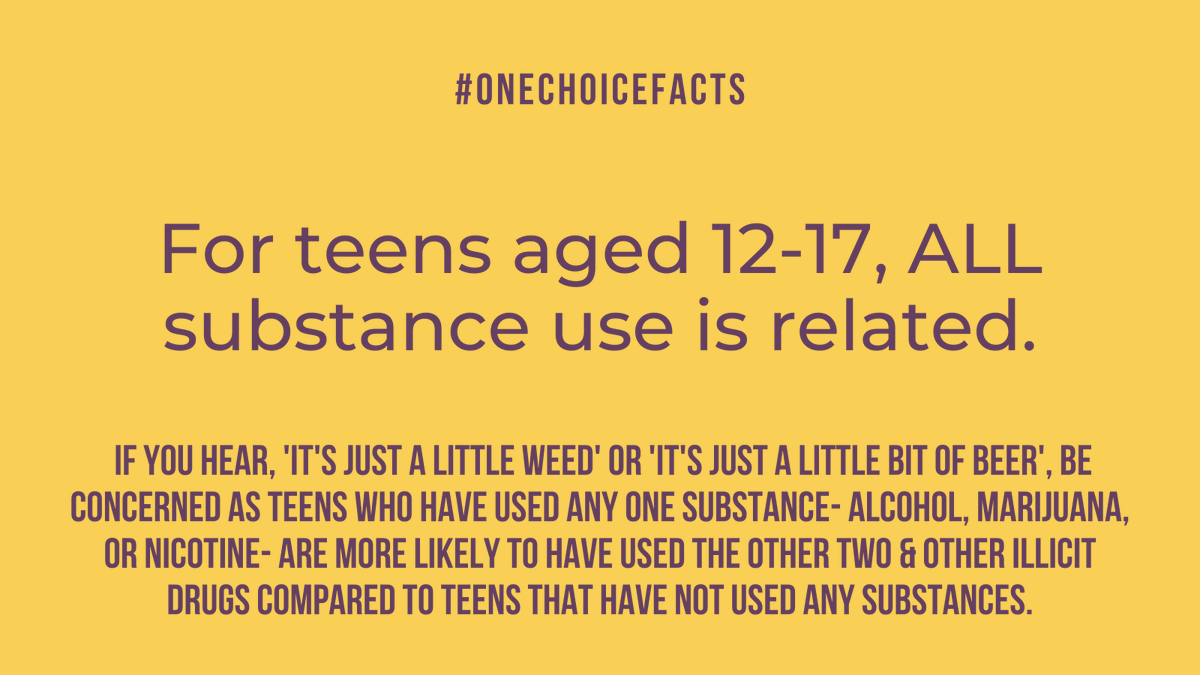 OneChoiceYouth's tweet photo. ALL substance use is related for teens. Encourage youth to make the #OneChoice NOT to use any substance for their health. Get more #OneChoiceFacts and resources at https://t.co/jc7yD7sopF. https://t.co/tsCXW6JAkA