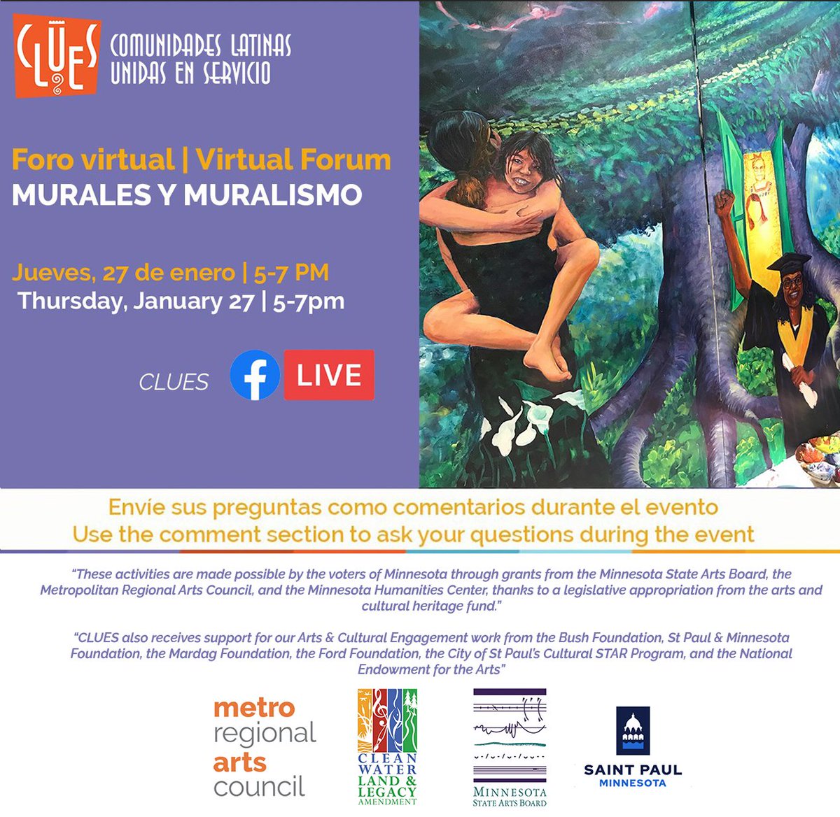 CLUES_MN's tweet photo. Join us tonight at 5 pm on Facebook for the online public forum, presentation, and panel discussion on the history of muralism as a socio-cultural, political, and artistic movement, its origins, and its current practice.
#muralism #muralismo #latino #cultura #minnesota #CLUESMN https://t.co/Xb3HcVigUl