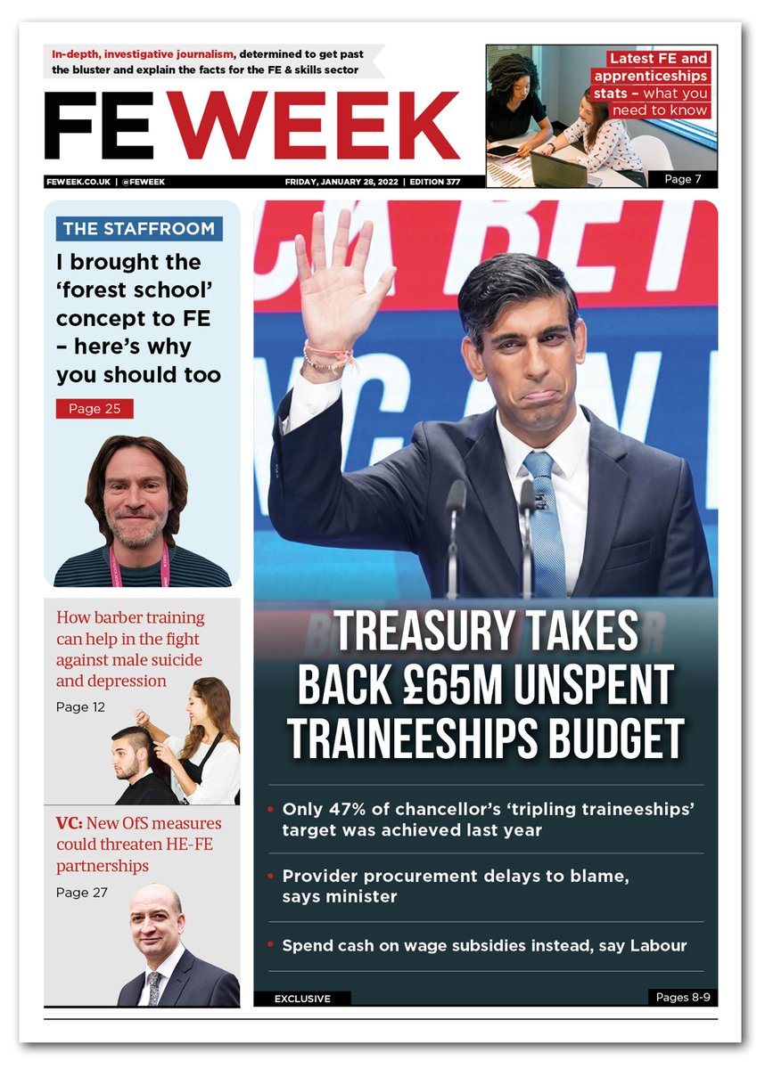 Coming up in this week's <a href="/FEWeek/">FE Week</a>:

💰 <a href="/BillyCamden/">Billy Camden</a> on Treasury taking back traineeships funds

📈 We break down the latest participation stats

💈 <a href="/will_nott1/">Will Nott</a> looks at how barber training is helping prevent male suicide

✍️ <a href="/StaufenbergJ/">Jess Staufenberg</a> profiles <a href="/WEAadulted/">The WEA</a>'s <a href="/SimonParkinson6/">Simon Parkinson</a>