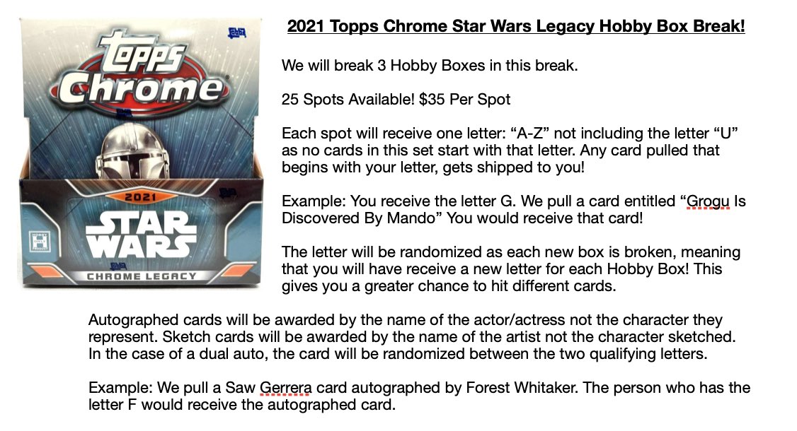 ArcadeCouple's tweet photo. Just 7 spots left! $35 per spot! See details below. Breaks tomorrow night! @HobbyConnector @sports_sell #StarWars #Mandalorian #thehobby https://t.co/pVHwsrSceW