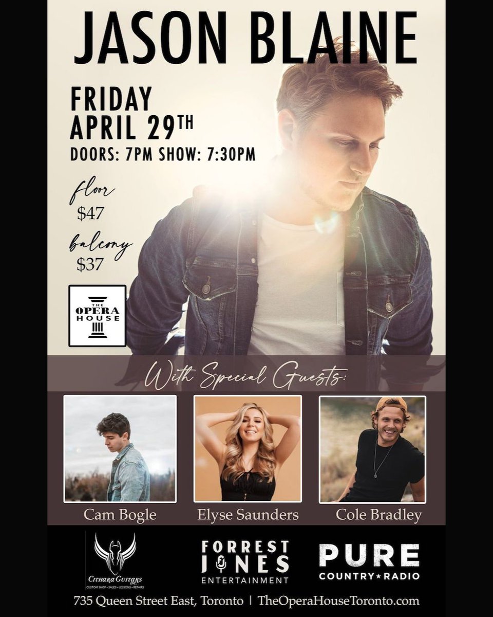 ✨ <a href="/jasonblaine/">JASON BLAINE</a>'s previously announced Toronto show has been rescheduled for April 29 at <a href="/OPERAHOUSETO/">THE OPERA HOUSE</a>. Jason will be joined by <a href="/CamBogle/">Cam Bogle</a> <a href="/Elyse_Saunders/">Elyse Saunders</a> + <a href="/playitcole/">Cole Bradley</a>.

Jason will be releasing a new record next month but for now, check out his newest single "Pretend You're Mine"