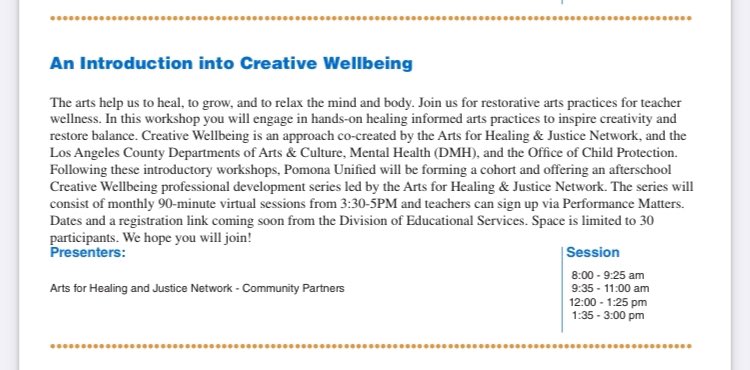 2KatShoPUSD's tweet photo. One of the great session offering today, An Introduction Into #CreativeWell-Being by the Arts for Healing and Justice Network and @LACountyArts & Culture. Our @PomonaUnified Board President Dr.Perlman attended and enjoyed the session. #artsforhealing https://t.co/U9YYqFsOoy