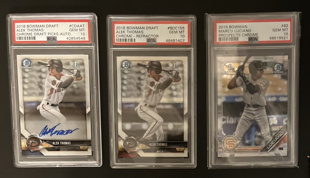 <a href="/TexiganRBL/">Texigan</a> 1st Bowman PSA 10s. Prices shipped G&amp;S
$275 Alek Thomas auto
$90 Alek Thomas refractor 
$75 Marco Luciano base chrome