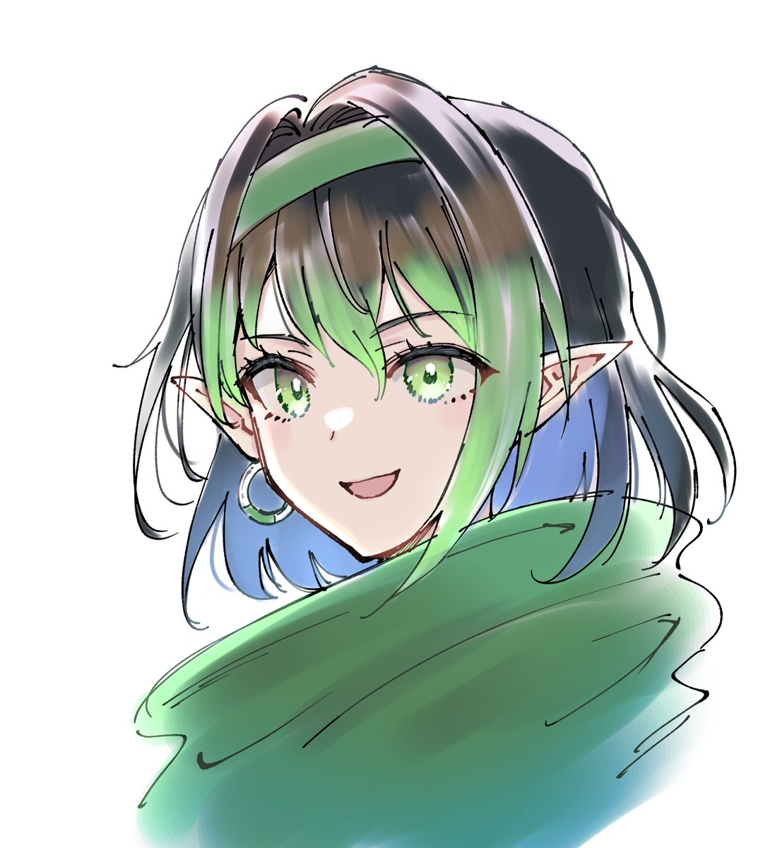 1girl pointy ears jewelry solo earrings green eyes black hair  illustration images