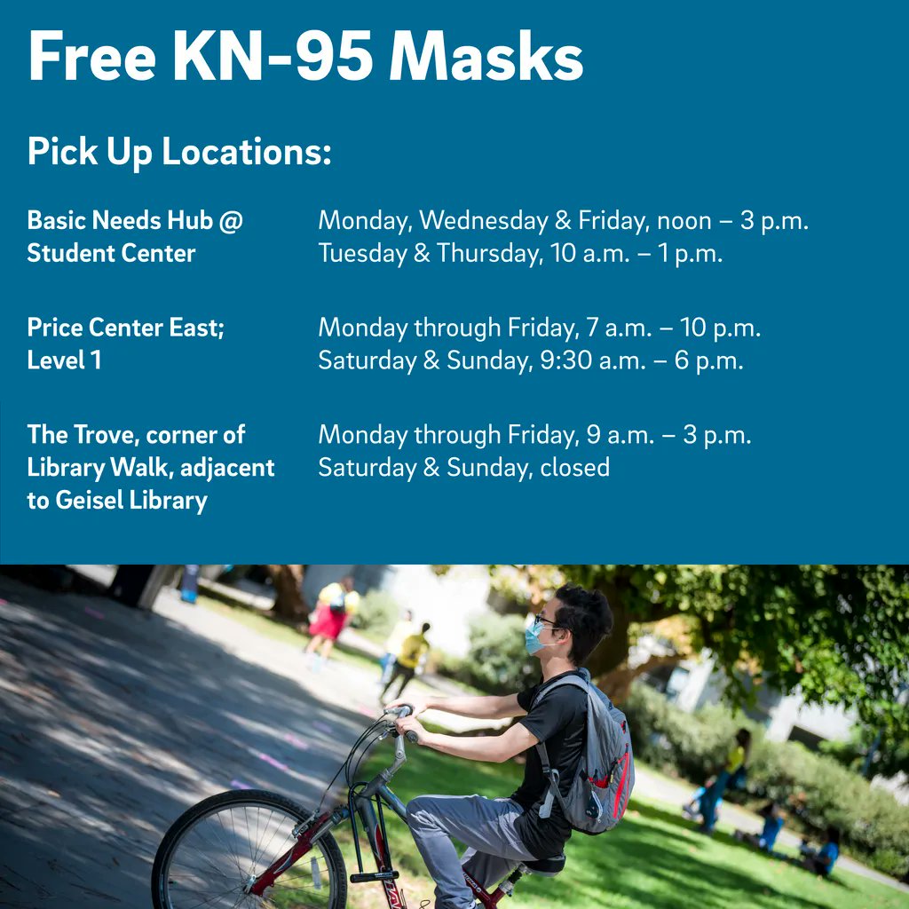 HDSIUCSD's tweet photo. Starting Monday, Jan. 24, two additional locations, Price Center and The Trove, will be distributing free KN95 masks to UC San Diego students.
#UCSD #HDSIUCSD https://t.co/LRr6WO7698