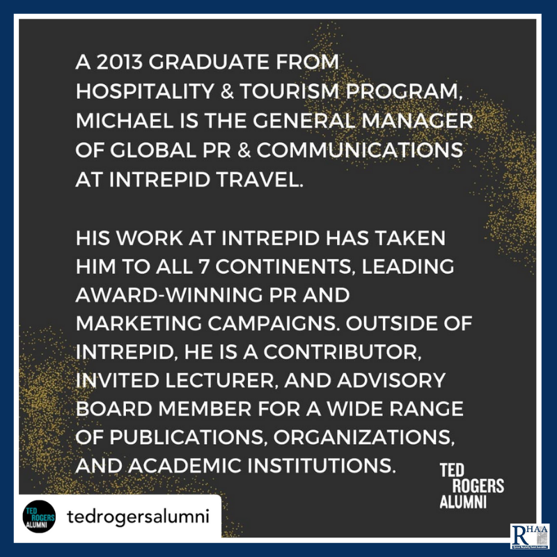 trhaa_tmu's tweet photo. Congratulations to Michael Sadowski who is the recipient of the Top 10 Alumni Award! He is a #HTMRyerson 2012 Alumnus and is the GM, Global PR & Communications at Intrepid Travel. Congrats Mikey! #RHAA #Ryerson https://t.co/ZIYnABSVit