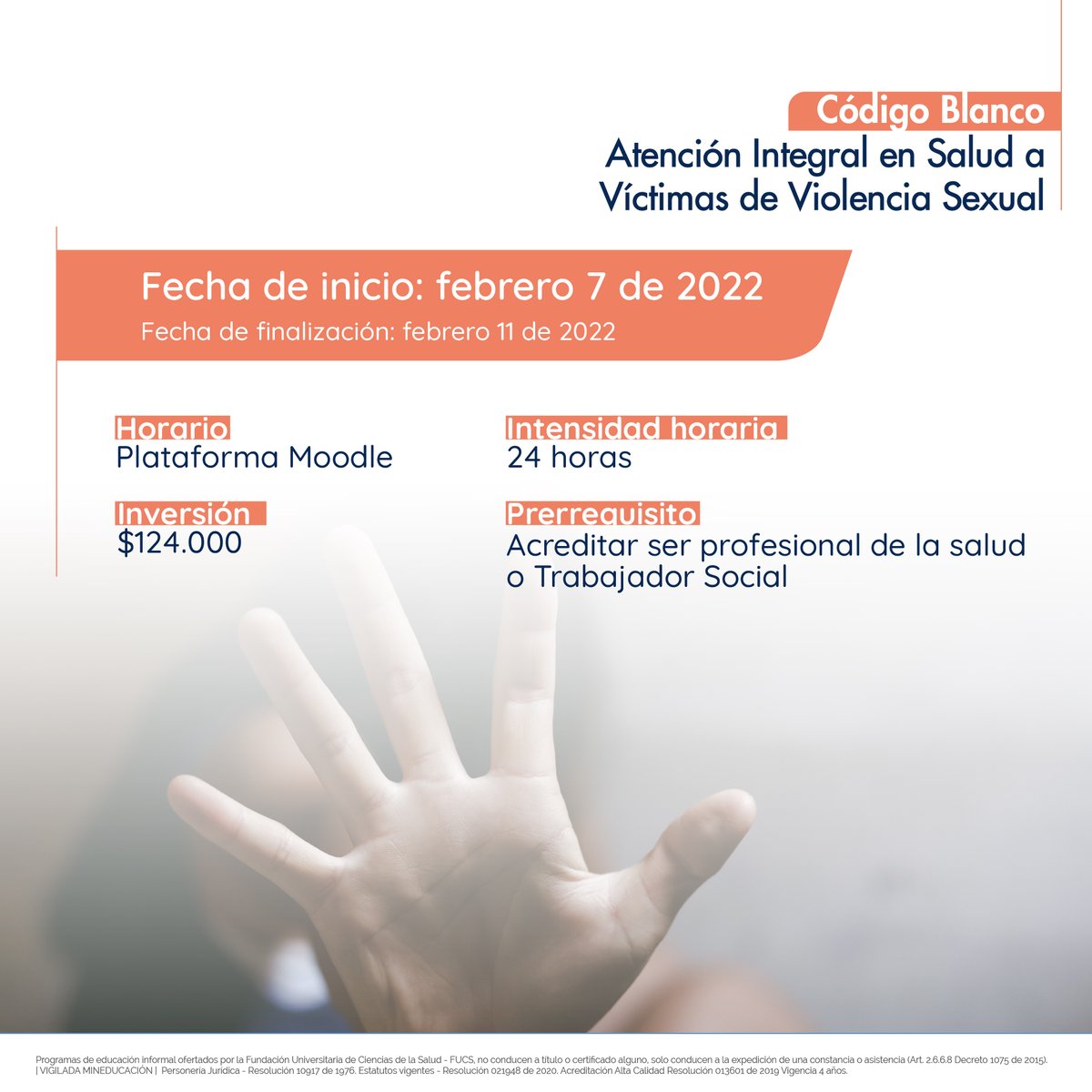 FUCS Educación Continuada (@educacionfucs) on Twitter photo Inscríbete en nuestro Curso- Código Blanco- Atención Integral en Salud a Víctimas de Violencia Sexual
Inscripciones: Ingresa a bit.ly/3u5dQXL
#profesionalesdelasalud #profesionales
#saludintegral #medicos #enfermeras #psicólogos #auxiliaresdeenfermeria Inscríbete en nuestro Curso- Código Blanco- Atención Integral en Salud a Víctimas de Violencia Sexual
Inscripciones: Ingresa a bit.ly/3u5dQXL
#profesionalesdelasalud #profesionales
#saludintegral #medicos #enfermeras #psicólogos #auxiliaresdeenfermeria