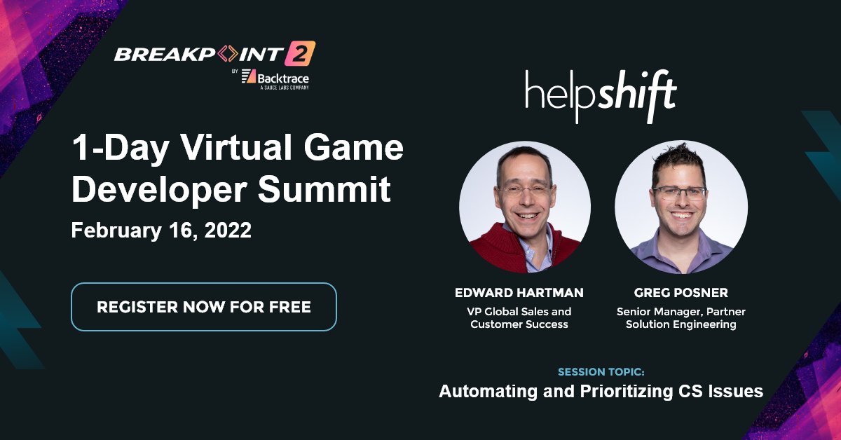 helpshift's tweet photo. Ready to see some of the best game developer tools and practices? Join us virtually at Backtrace’s upcoming Virtual Game Developers Summit! We will be presenting on Automating & prioritizing #CS Issues. #Breakpoint2 https://t.co/gM5lihKwGL https://t.co/uBOQNvdAOr