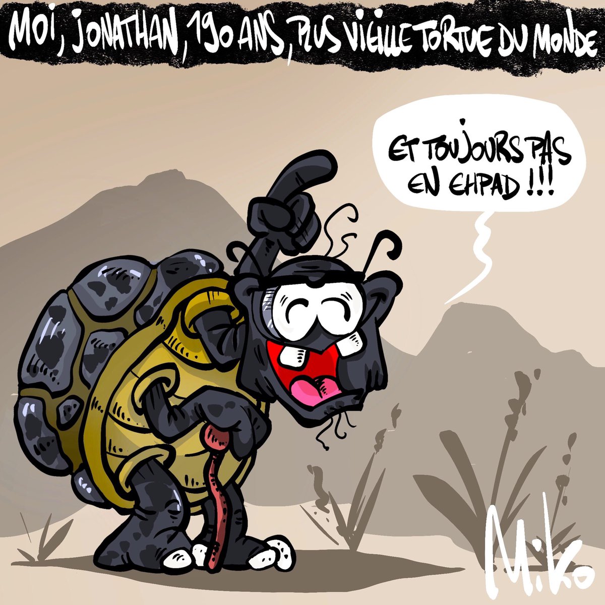 mikodessinateur's tweet image. A l’#heure du #scandale  #orpea spéculant sur les #ehpad révélé dans #lesfossoyeurs de #victorcastanet, on apprend que #Jonathan est la plus vieille #tortue du #monde et vit dignement... contrairement aux vieux #humains victimes de la #rapacité capitaliste. #miko #dessin #animaux