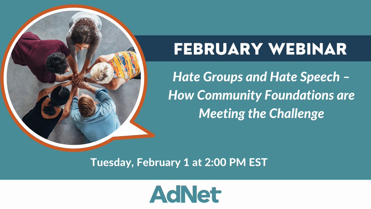 AdNetCF's tweet image. Come and join us for the AdNet February Webinar “Hate Groups and Hate Speech – How Community Foundations are Meeting the Challenge” with a special speaker Abbas Barzegar. All members are invited! Don’t miss out and register now at adnetcf.org