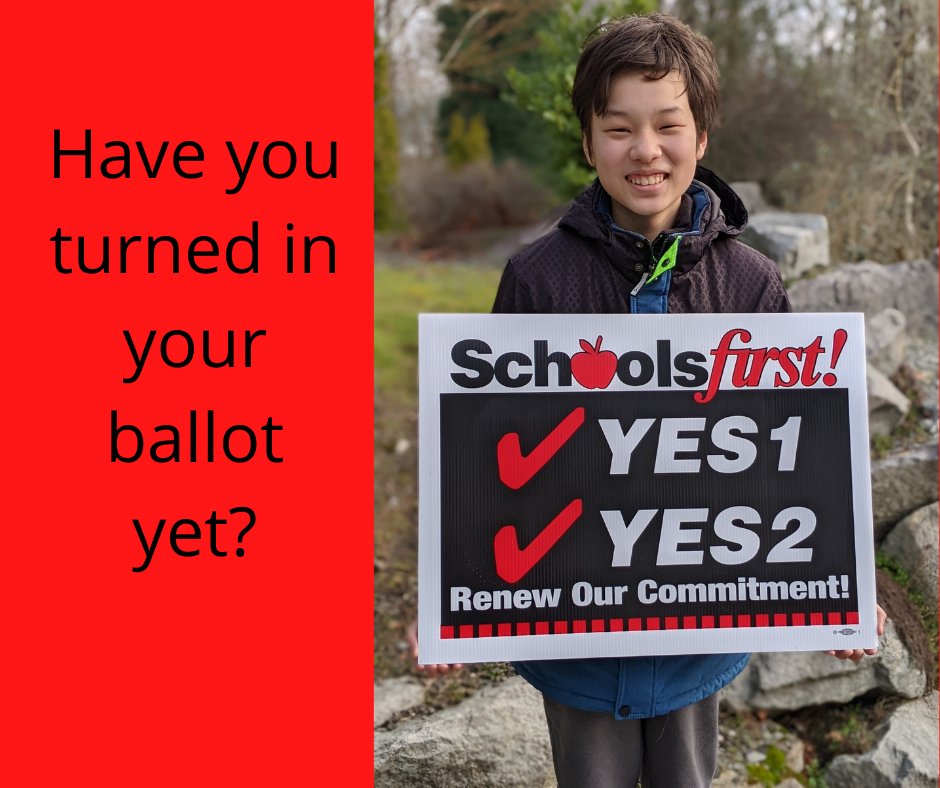 SchoolsFirstSea's tweet photo. Is that ballot sitting on your counter? In your mail pile? Today is a beautiful day to vote! Check those YES boxes for Props 1 and 2 and stick it back in your mailbox - no stamp needed - or drop it off in a King County Elections drop box. https://t.co/RJ4hY8VdUn