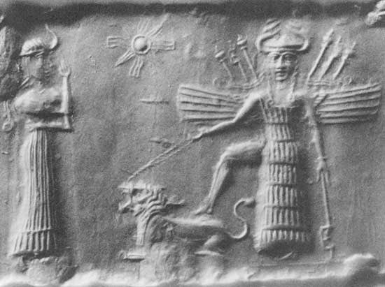 Ancient Akkadian cylinder seal depicting Inanna resting her foot on the back of a lion while Ninshubur stands in front of her paying obeisance, 2334-2154 BCE. #IraqMsptmia #IRAQesque