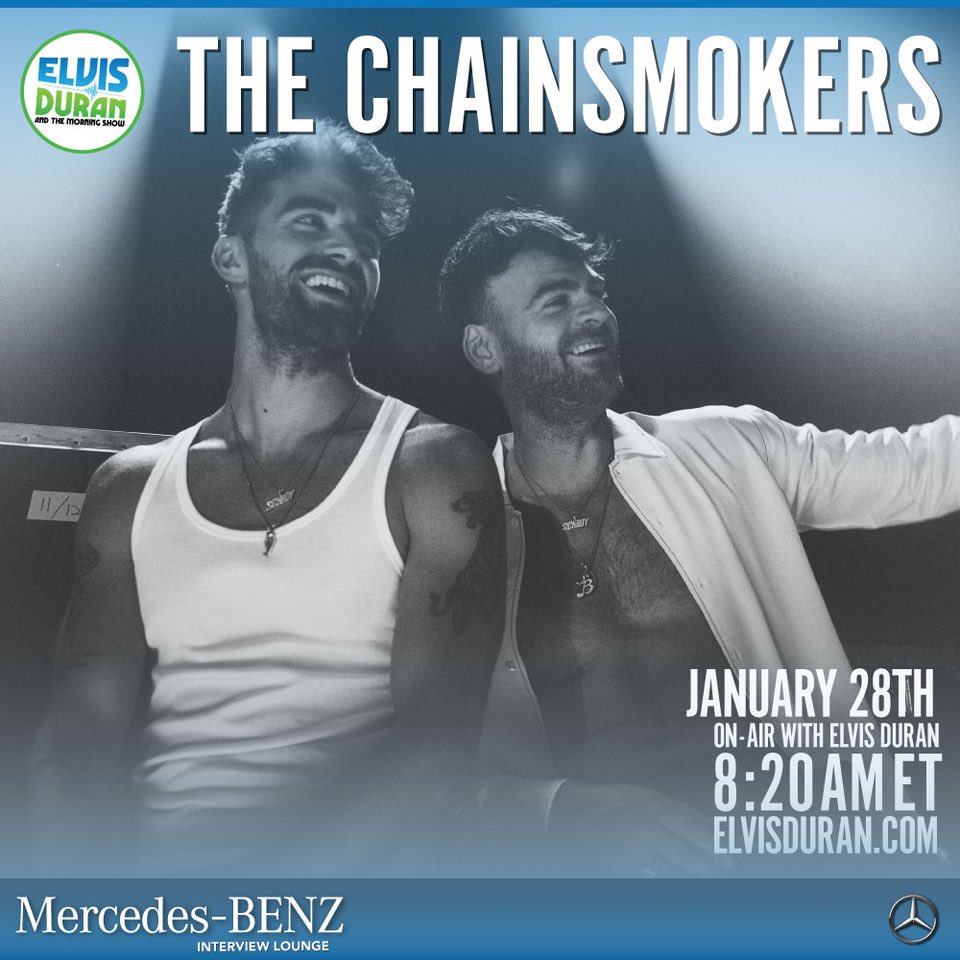 TOMORROW ⏰ <a href="/TheChainsmokers/">THE CHAINSMOKERS</a> are back and going to be on-air with us at 8:20amET! 🎙😍📻 

Elvisduran.com/listen 🎧 

#TheChainsmokersOnElvis in our <a href="/mercedesbenzusa/">Mercedes-Benz USAㅤ</a> interview lounge