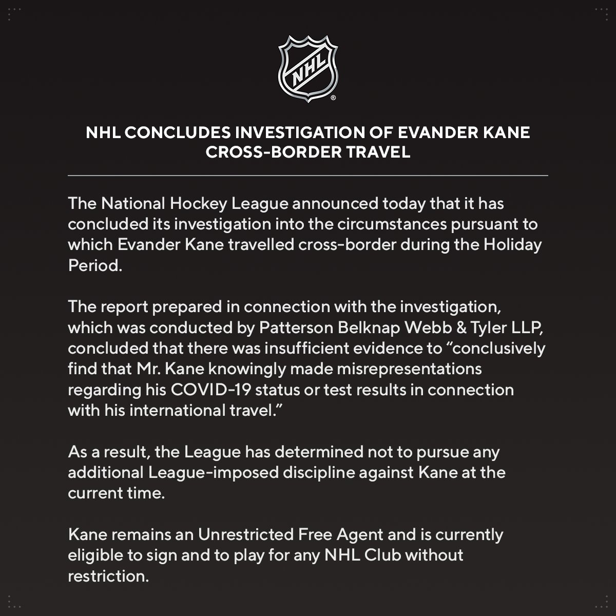 NHL concludes investigation of Evander Kane cross-border travel. media.nhl.com/public/news/15…