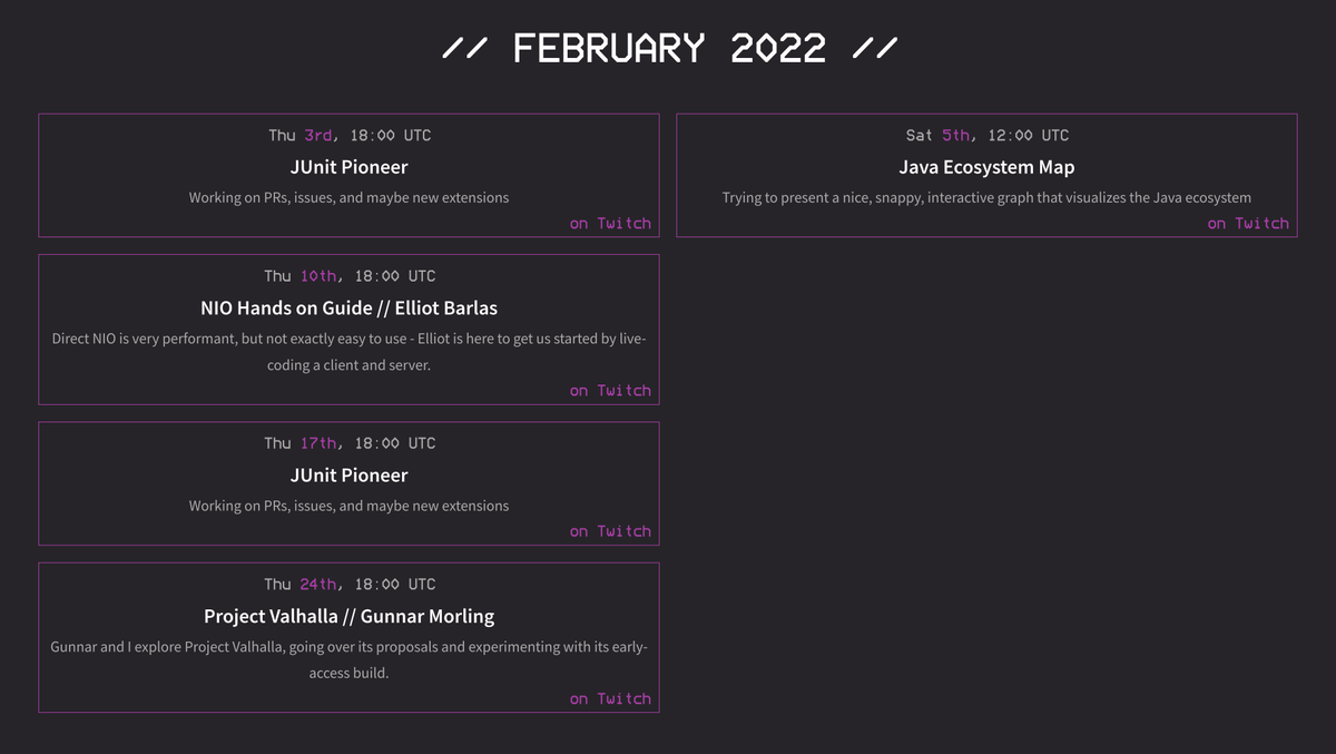 nipafx's tweet photo. After an ad-hoc timeout in the new year, streams are back in anger in February:
* #JUnitPioneer ๐
* NIO hands-on guide with @ElliotBarlas
* #JavaMap (ironically in Gatsby/JS) ๐บ๏ธ
* exploring Project Valhalla with @gunnarmorling
See you there!
https://t.co/apB7IQpMAW https://t.co/0GCcEQchgP