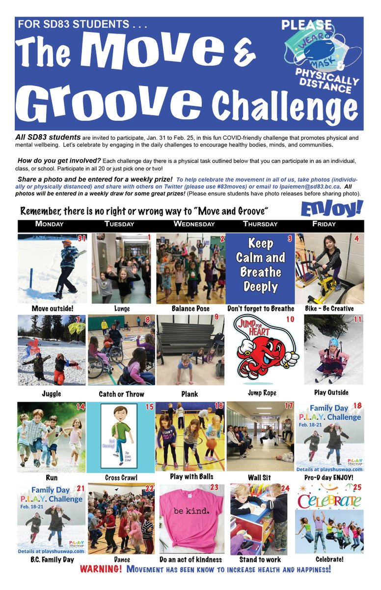 LauraPaiement's tweet photo. The @sd83schools Move and Groove Challenge is here again. Every year, SD83 invites all staff and students to Move, play, laugh, and Groove together. See below and attached posters for more info. #83moves #83learns https://t.co/WqYbLZeA33