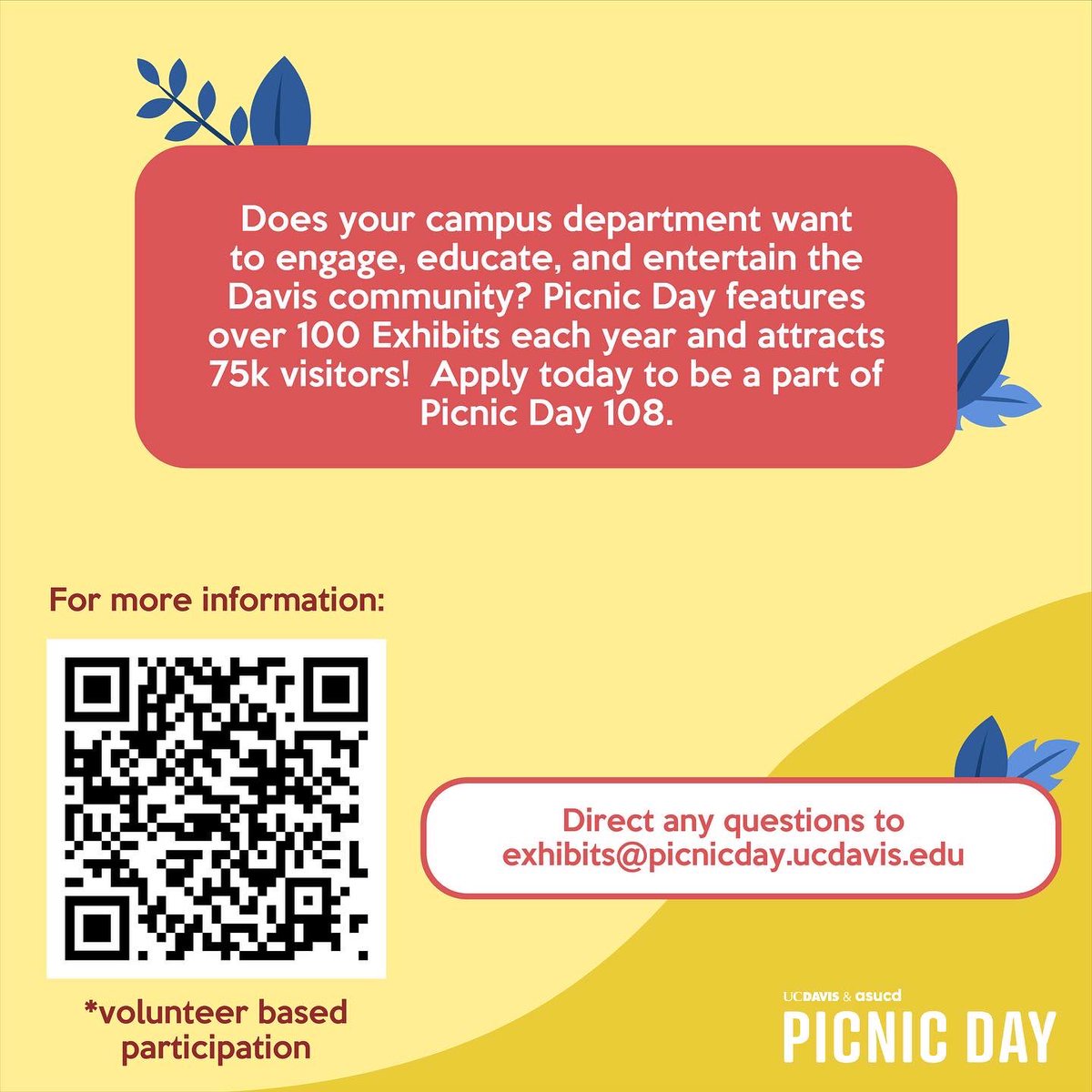 ucdpicnicday's tweet photo. Showcase your exhibit at this year’s Picnic Day! Help us engage, educate, and entertain the Davis community! Apply at https://t.co/Bzx0q2BCIF. Deadline to apply is 2/4.
#PicnicDay108 #ASUCD https://t.co/4Tz8QHwGt3