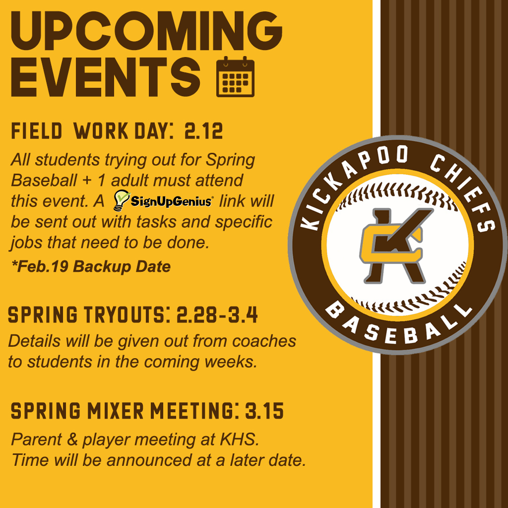 Break out the calendar. Time to save some dates and get ready for Kickapoo Chiefs Baseball!