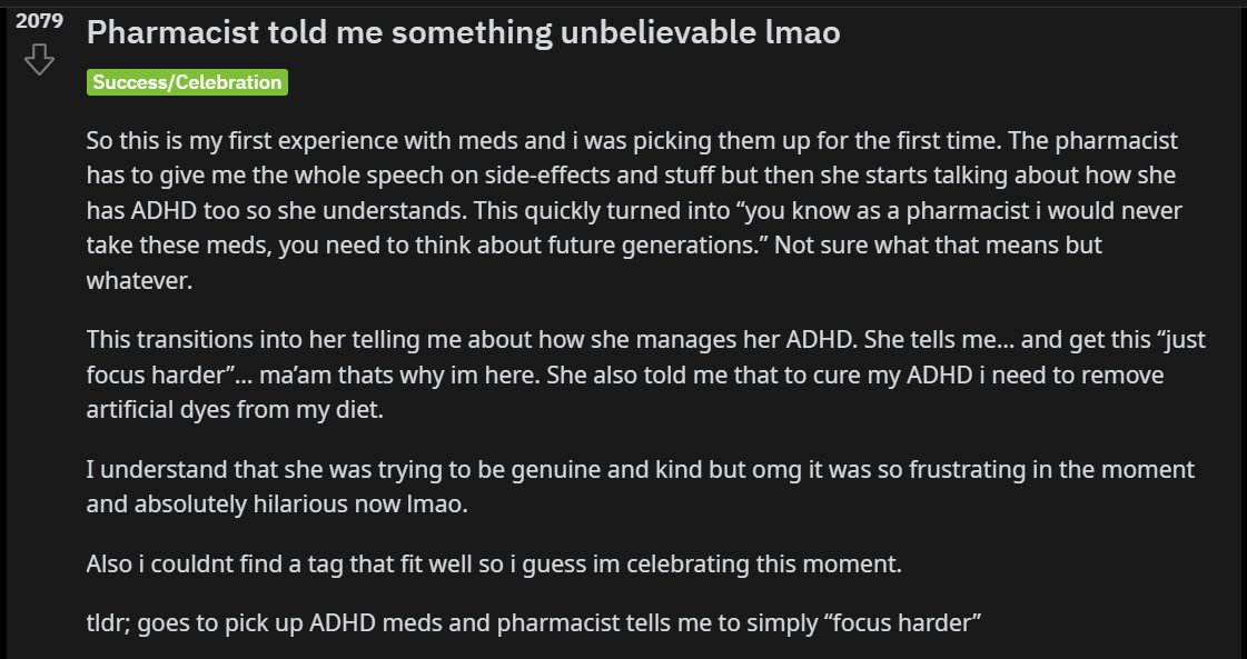 Dear #rxtwitter,

This 👏 is 👏 NOT 👏ok 👏

You wouldn't tell a diabetic patient to stop taking their insulin and 'just lower your sugar more.' Mental health is no different. 

Love, a fellow pharmacist with #ADHD who is not ashamed that I take meds.