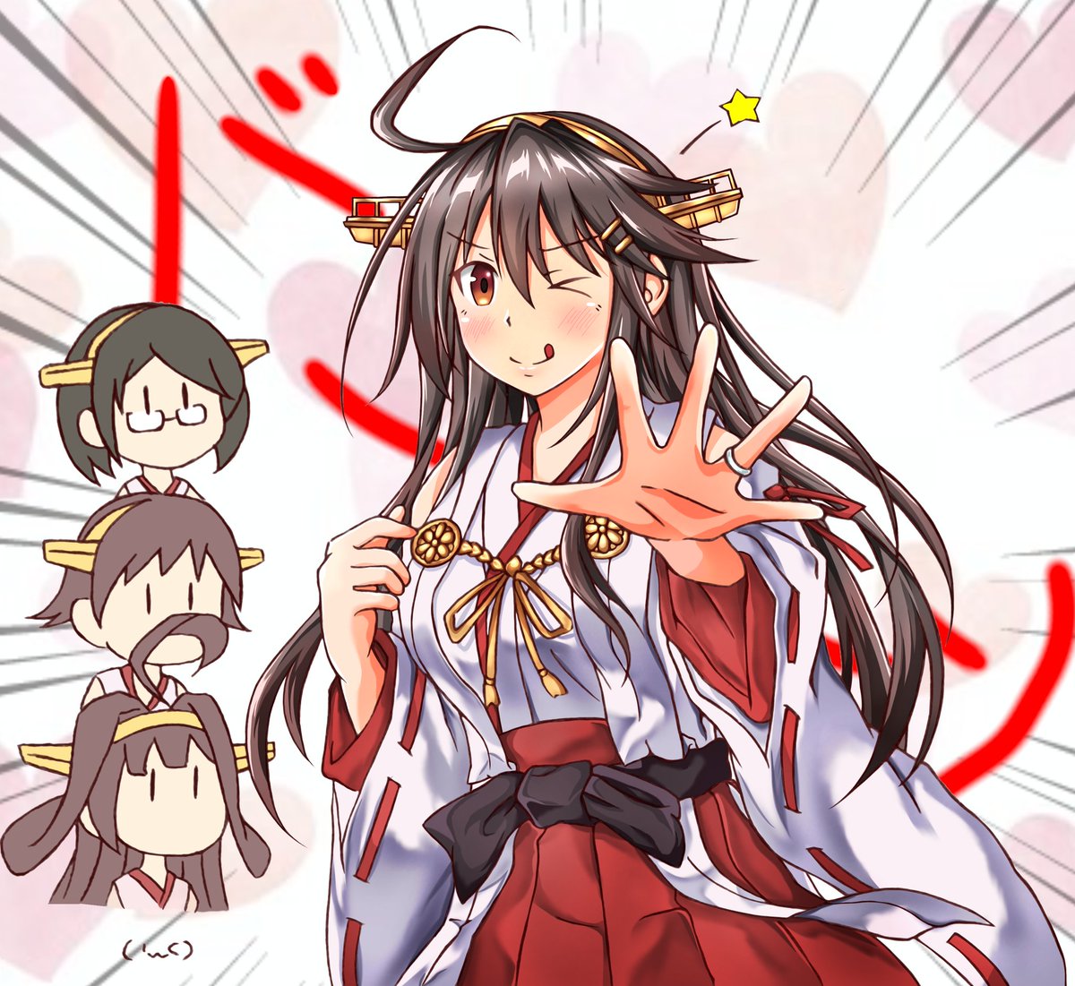 haruna (kancolle) ,kirishima (kancolle) long hair multiple girls one eye closed black hair glasses nontraditional miko ahoge  illustration images