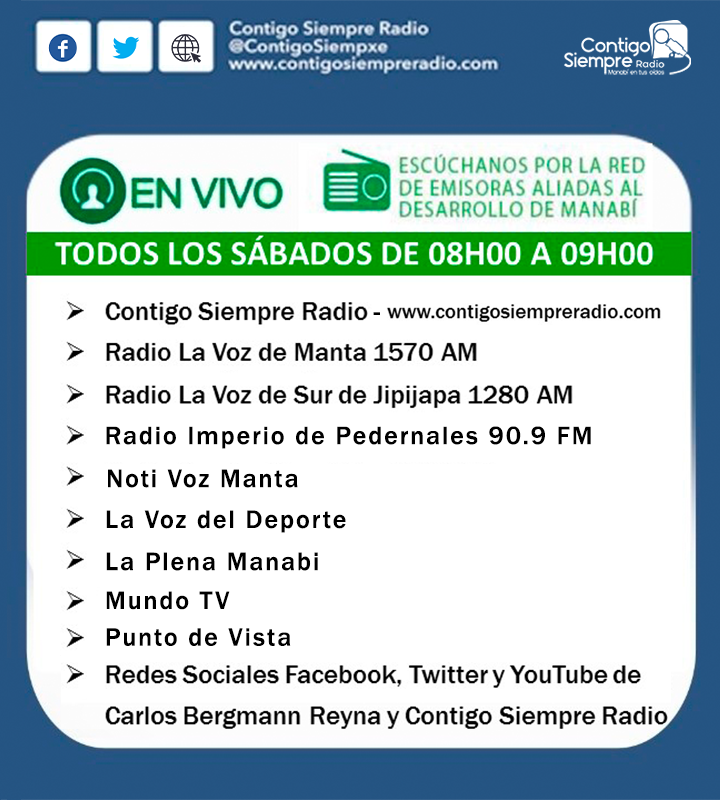 ContigoSiempxe's tweet photo. Escúchanos por la Red de medios aliados de Manabí. Sábado 29 de Enero 08H00 donde tendremos un análisis del fútbol Ecuatoriano #PrimeroLaTri https://t.co/sAFveSpiUp