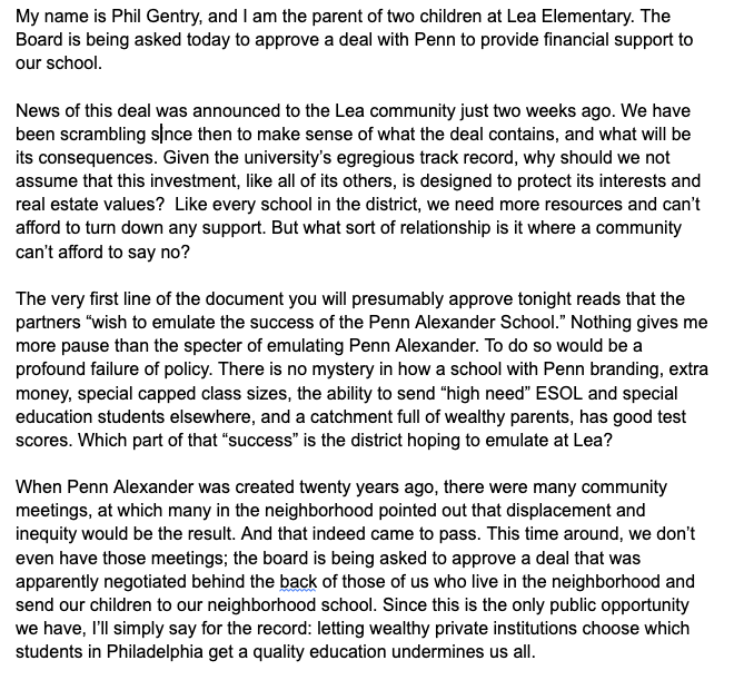 Lea parent and WPCNS member <a href="/pmgentry/">Phil Gentry</a> criticizes the agreement's desire to "emulate the success of Penn Alexander," which he says would be a profound failure of policy. Full text here: docs.google.com/document/d/1n8…