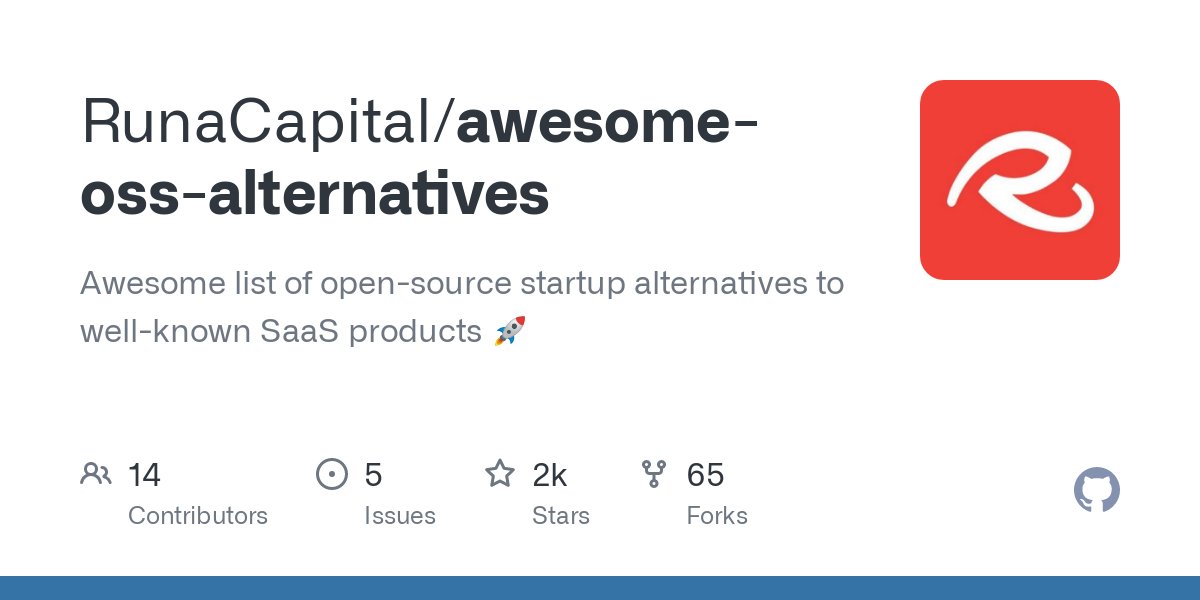 shyambv's tweet photo. Are you paying for a SAAS product and looking for open source alternatives to save some bucks? Here you go! 
Link: https://t.co/0qriY6ES78

It contains equivalent open-source tools. This is great work by Igor Kotua https://t.co/b3LM8g5PuI