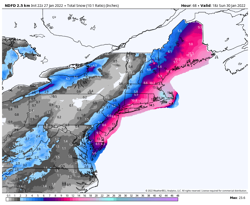 capitalweather's tweet image. Update on Nor'easter:
* Confidence building in blockbuster snows, blizzard conditions from coastal Delaware to coastal New England Saturday.
* One to two feet probable in Providence + Boston, along w/ wind gusts of 40-55 mph -- jackpot zone.
Details: wapo.st/3ACefSq