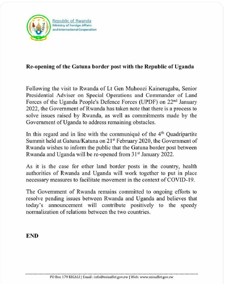 OyuluPatrick's tweet image. DIPLOMACY WORKS. 
Kudos President @KagutaMuseveni &amp;amp; President @PaulKagame .

Special thanks @mkainerugaba | @adoniaayebare | @RwandaMFA and @UgandaMFA #EastAfricanUnity