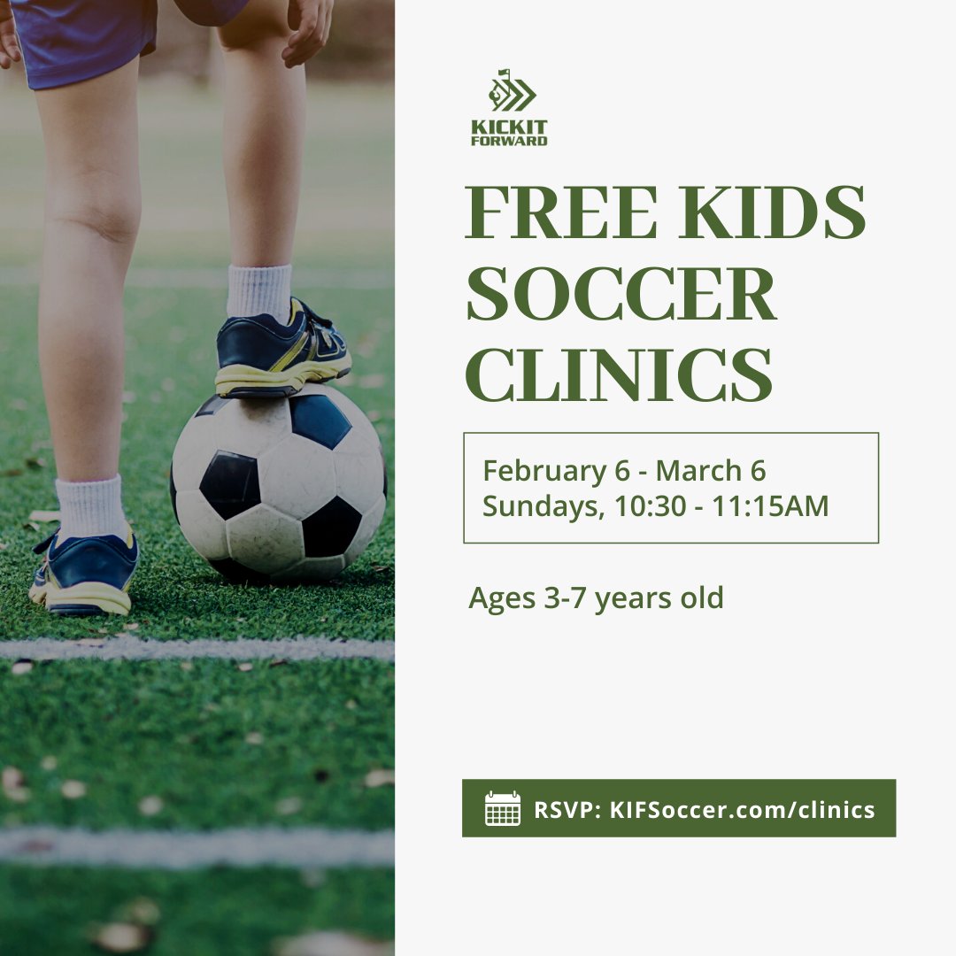 Reminder that our FREE KIDS CLINICS for kids 3-7/yo are coming back on Sundays starting Feb 6!
⁠
We'll teach players balance, coordination, social skills, self confidence, teamwork, and communication skills!⁠
⁠
🗓 Get details &amp; RSVP at KIFSoccer.com/clinics