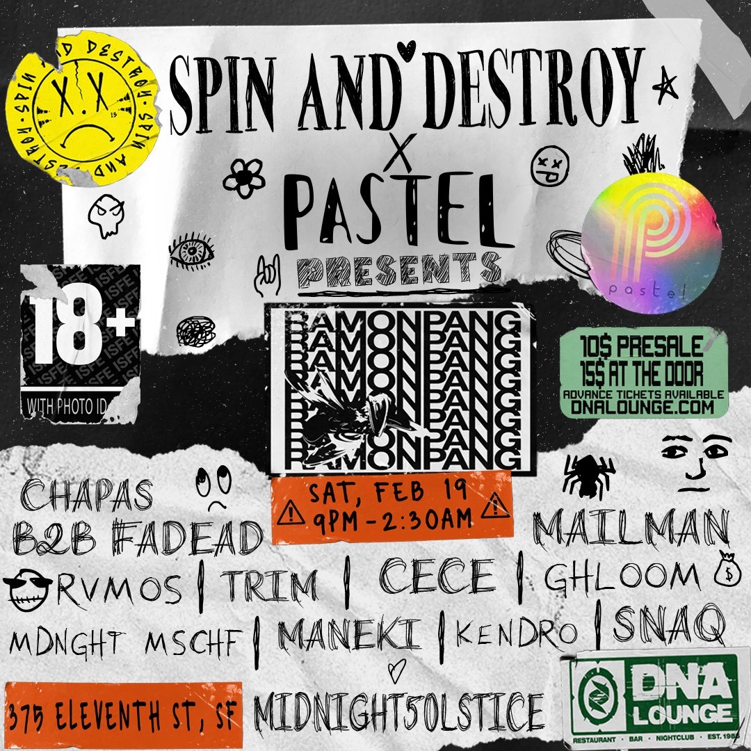 SpinAndDestroy's tweet photo. It's happening y'all ‼️‼️
We're making our @dnalounge debut and bringing some friends along! We're collaborating with @embracepastel to bring @TeamBandL's very own @RamonPang back to the Bay!🎉Be sure to get your tickets and have your booster vaccination in time for the show!🎟️ https://t.co/WIekOqty9e