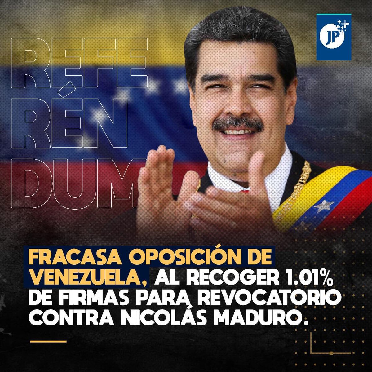 🇻🇪#Venezuela | El C.N.E de Venezuela, declaró improcedente la convocatoria de la oposición a un referéndum revocatorio contra el presidente Nicolás Maduro.
Se informó que los organizadores sólo alcanzaron 42,421 firmas que representan el 1.01 % del Padrón Electoral.
Fracaso total