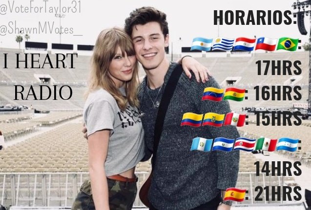 ALIANZA I HEART AWARDS
SHAWN X TAYLOR SWIFT (<a href="/ShawnMVotes_/">Shawn Mendes Votes</a> )
🚨MAÑANA en estos horarios tendremos una alianza, ellos votarán por Taylor en la categoría de "Best lyrics"
Nosotros votaremos por Shawn con:
I vote for #HappierThanEver for #BestCoverSong at the #IHeartAwards